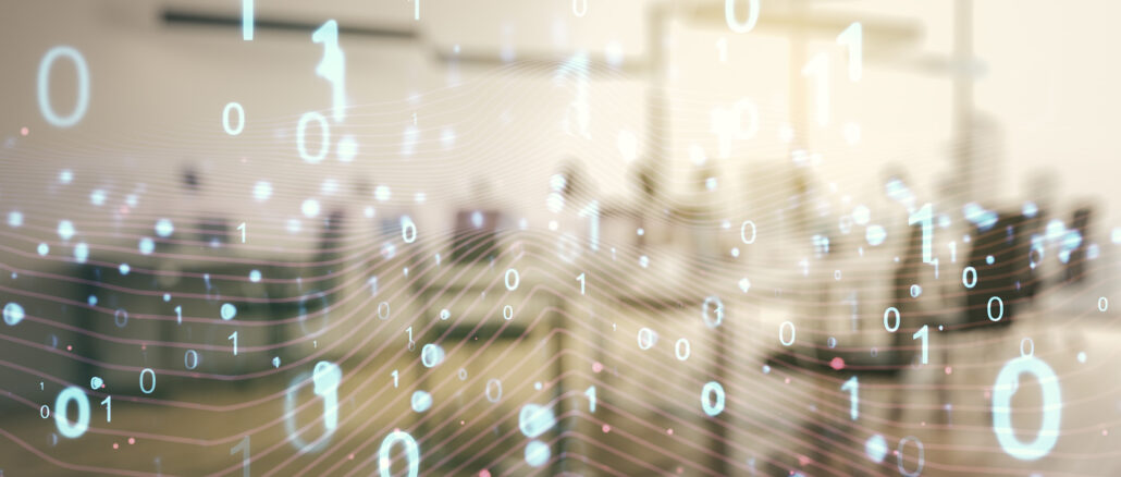 Abstract virtual binary code hologram on a modern furnished classroom background, AI and machine learning concept. Multiexposure